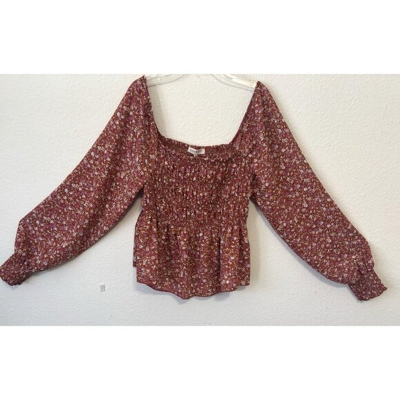 Ultra Flirt‎ Smocked Peplum Top Brown Floral Square Neck Long Sleeve XL - Picture 1 of 4